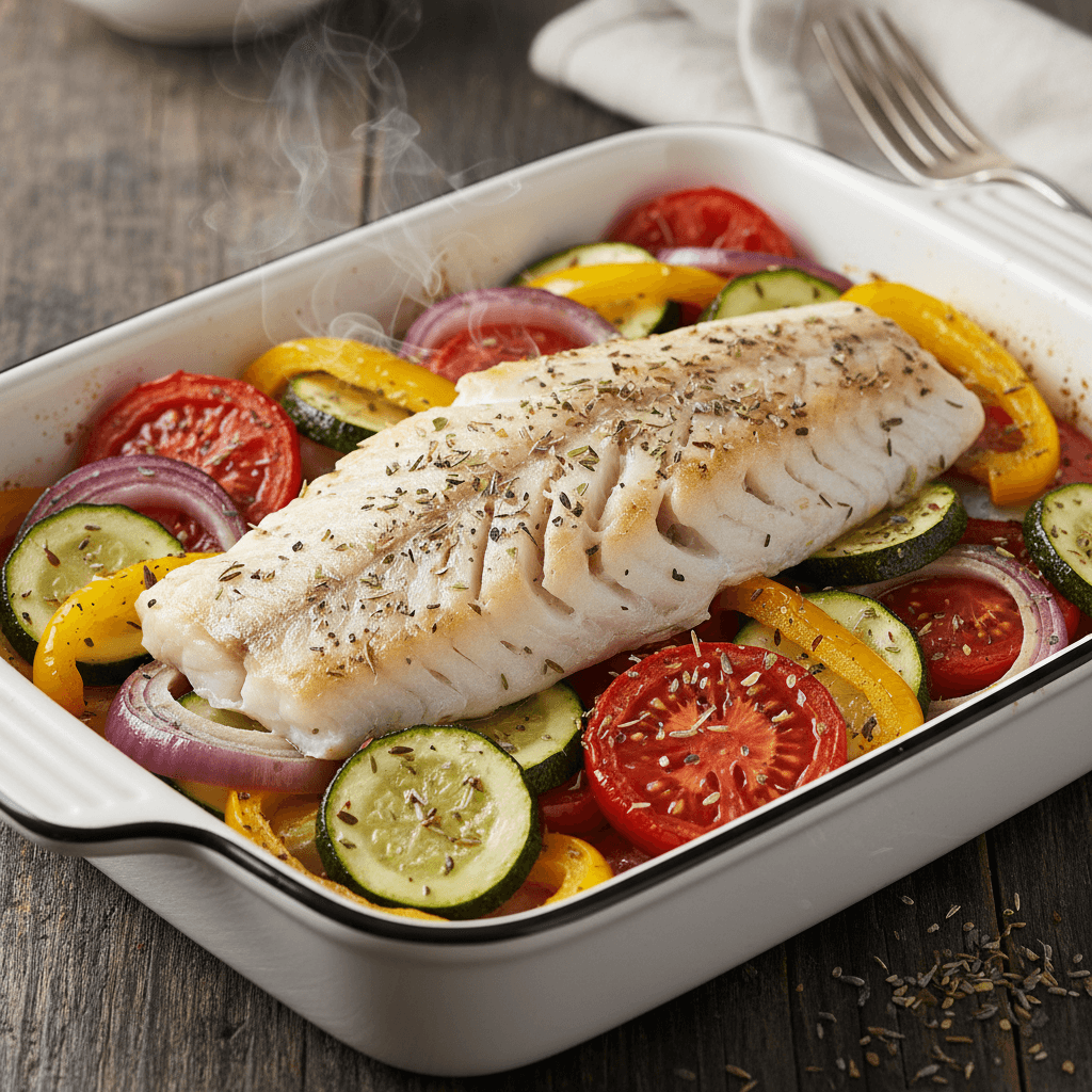 Doré au four sur lit de légumes