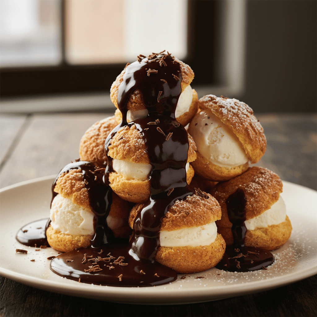 Profiteroles classiques françaises avec crème glacée à la vanille et sauce au chocolat