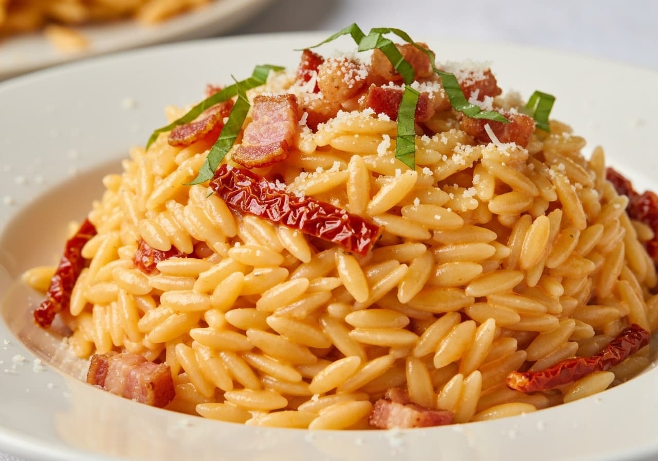 Orzo crémeux aux tomates séchées et pancetta