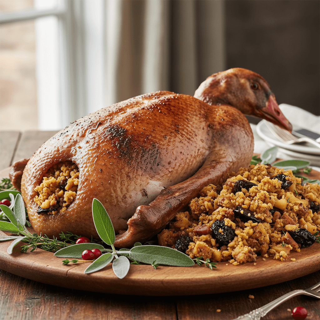 Oie sauvage rôtie farcie aux pommes et pruneaux