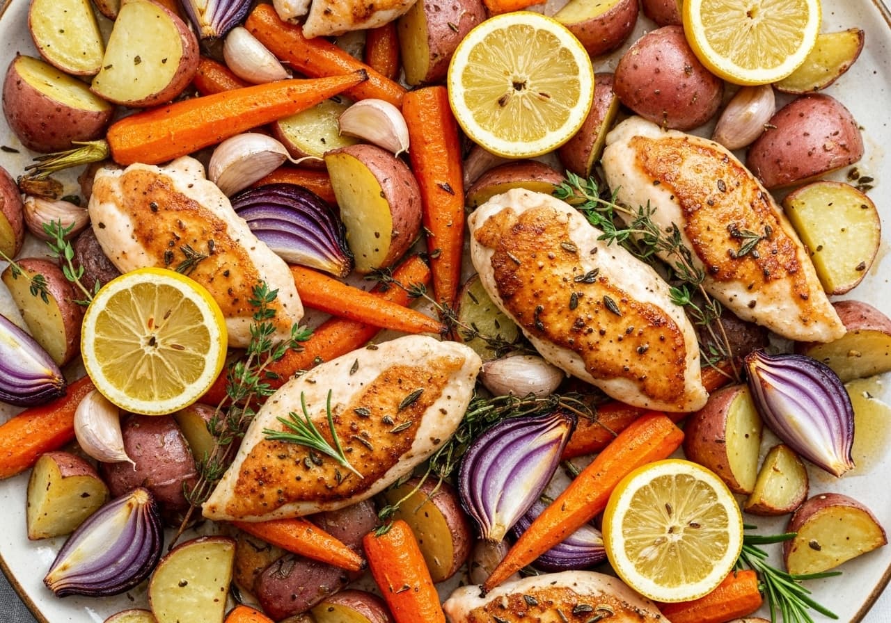 Poulet aux herbes et au citron et légumes racines rôtis sur plaque